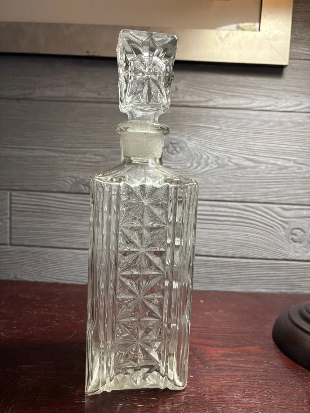 Vintage Square Heavy Glass 11” Tall Starbursts Brandy Liquor Decanter